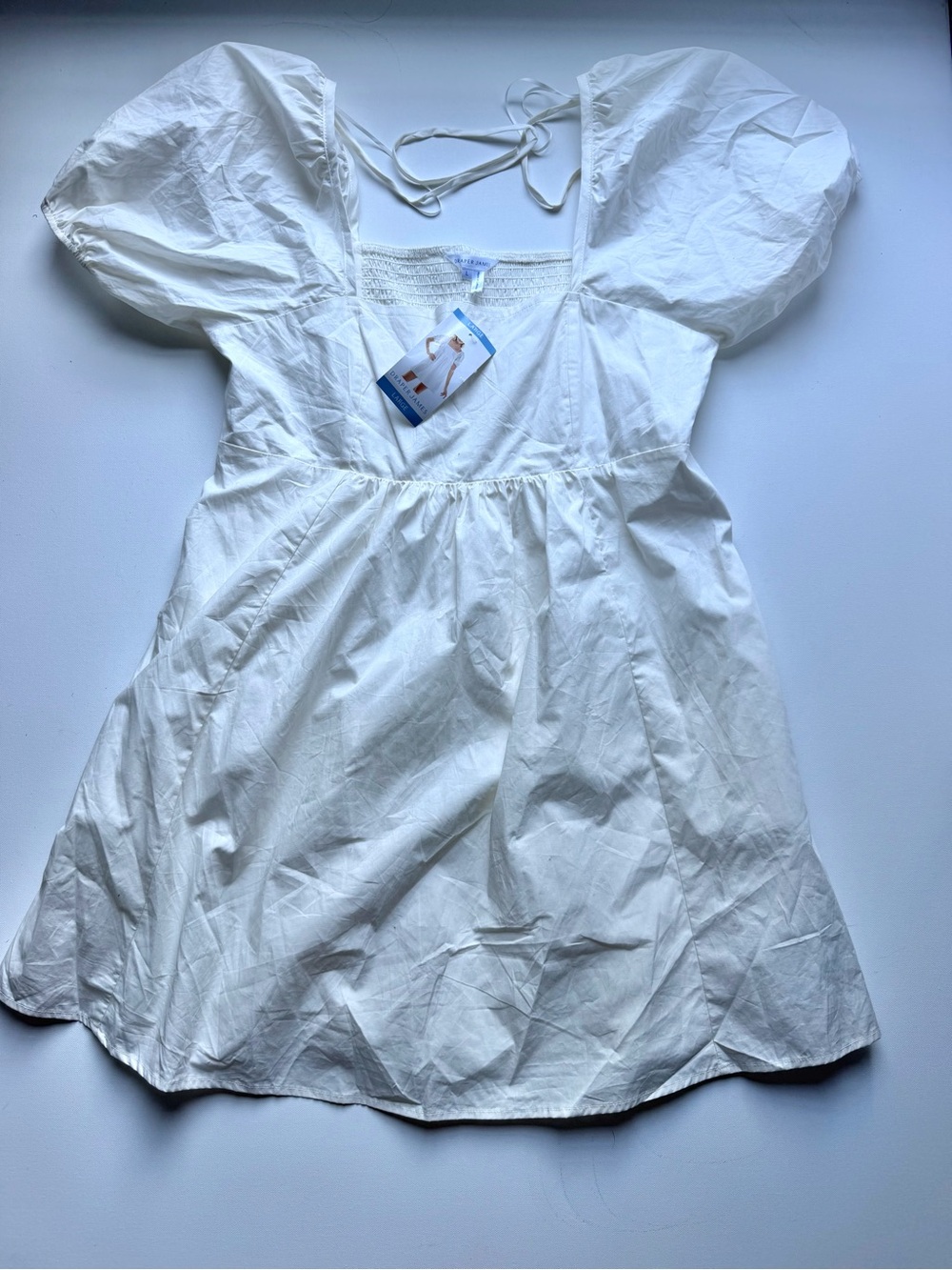 NWT Draper James White Cotton Puff Sleeve Dress L Smocked Square Neck 033